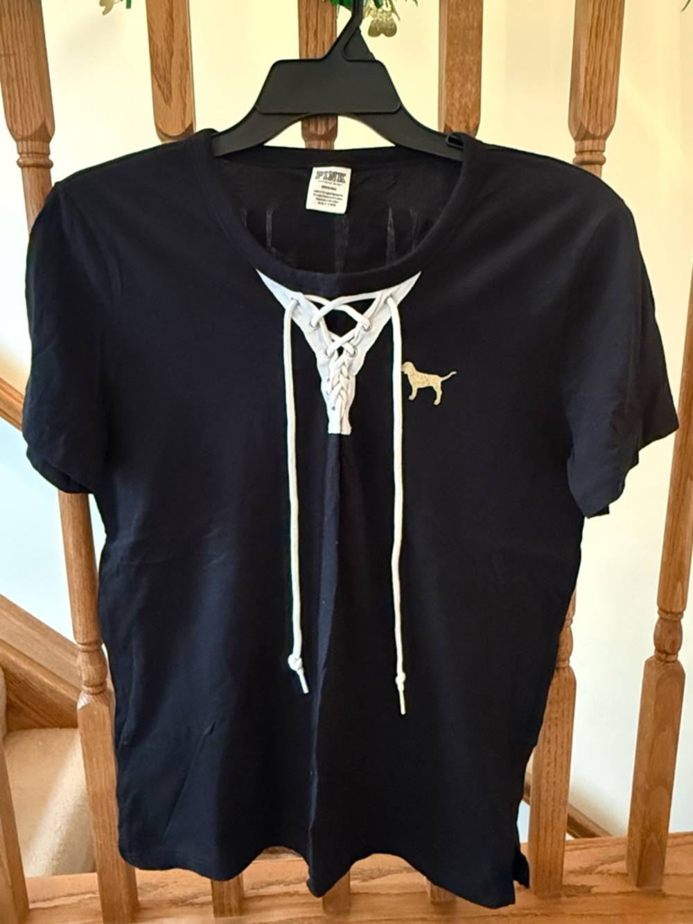 PINK Victoria’s Secret Lace-Up Tee Black Short Sleeve Logo Shirt Size [M]